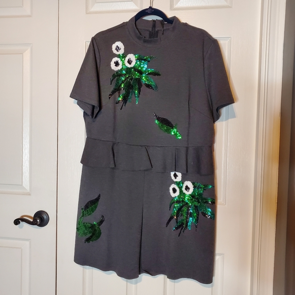 Aofuli Artsy Beaded Enbroidered Gray Mini Dress Short Sleeves Ruffled Size 5XL